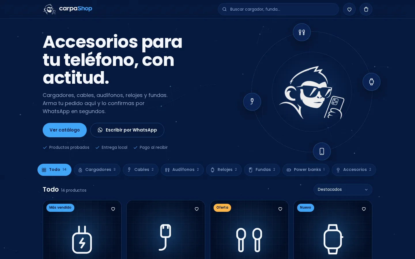 Portada de CarpaShop en computadora: “Accesorios para tu teléfono, con actitud”